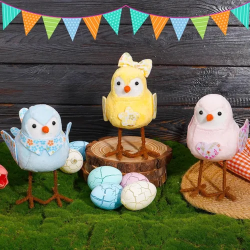 Miniatura 6 de Muñecos de pájaros de felpa de primavera de 6.3 pulgadas, adornos de figura de pájaros de pie con pierna larga, bufanda impresa y lazo, perfecto