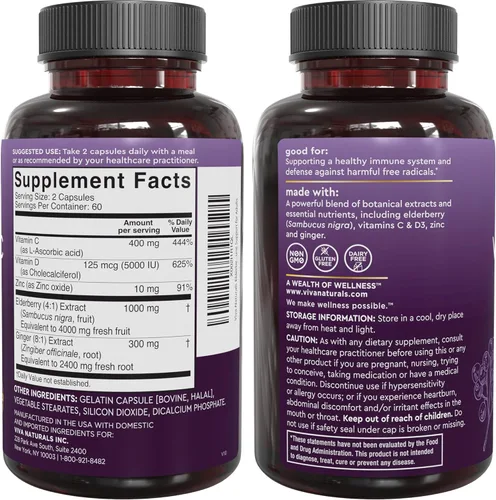 Miniatura 8 de Viva Naturals Saúco con vitamina C y zinc para adultos - 5 en 1 Cápsulas de saúco negro Sambucus con vitamina D3 5000 UI Suplemento de inmunidad