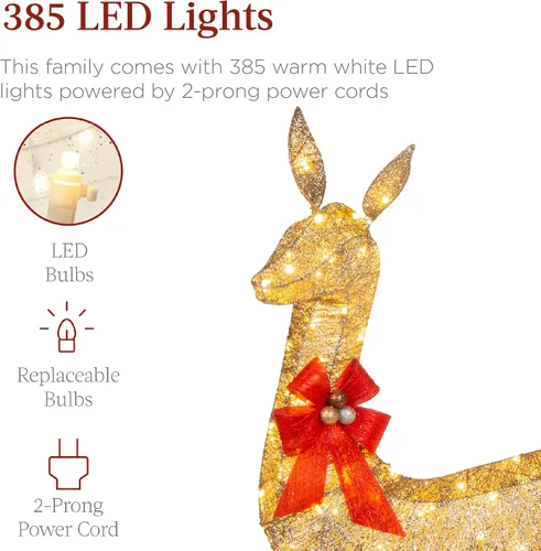 Miniatura 3 de Best Choice Products Juego familiar de ciervos de Navidad grandes iluminados de 6.5 pies, 3 piezas, decoración de patio al aire libre con 385 luces