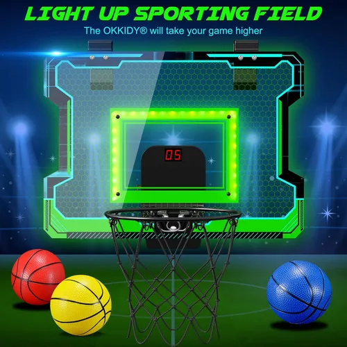 Miniatura 2 de OKKIDY Mini aro de baloncesto para interiores, aro de baloncesto iluminado con marcador LED electrónico, pequeños juguetes de baloncesto al aire