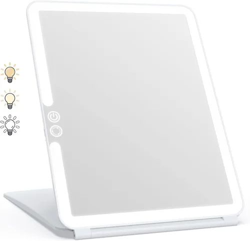 WEILY - Espejo de maquillaje portátil de viaje con 72 luces LED, pantalla táctil de tres colores atenuable, ultra delgado, espejo cosmético plegable