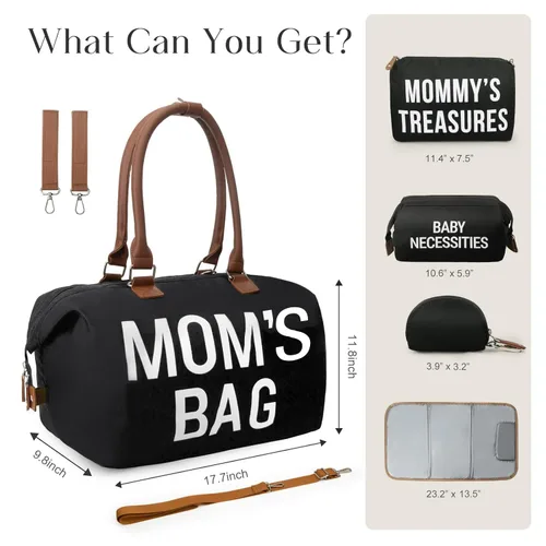 Miniatura 3 de printe Bolsa de pañales grande de 6 piezas con cambiador y 2 bolsas organizadas, bolsa de mamá para hospital con funda para chupete, correas, gancho
