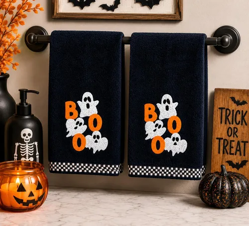 Miniatura 27 de Serafina Home Toallas de mano de baño de Halloween, fantasmas bordados, diseño Boo, juego de 2, color negro, 16 x 25 pulgadas