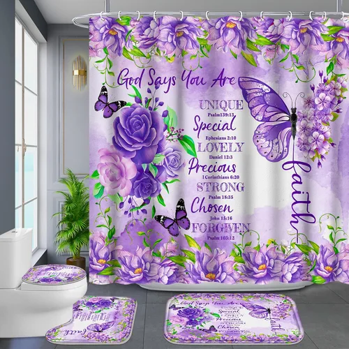 Miniatura 12 de Poedist - Juego de cortinas de ducha para baño, 4 piezas, estampado de leopardo rosa, estilo brillante, incluye cortinas de ducha y tapetes
