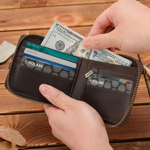 Miniatura 2 de Polare - Cartera plegable de cuero de grano completo para hombre, con bloqueo RFID, ranura para AirTag y bolsillo YKK con cremallera para monedas
