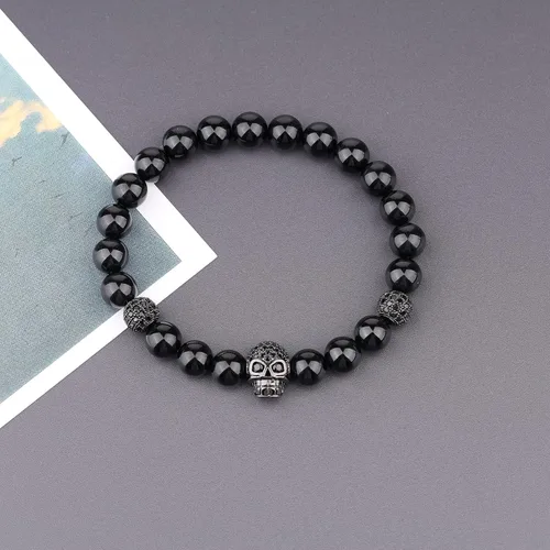 Miniatura 5 de COAI Pulsera de piedra de obsidiana brillante de plata con calavera