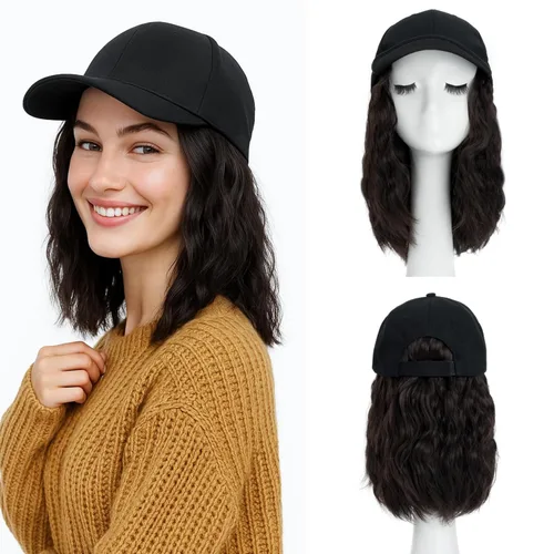 Miniatura 7 de SEGO - Peluca de gorra con pelo adjunto para mujer, gorra negra de béisbol con extensiones de pelo, gorra de béisbol larga y ondulada con ajuste
