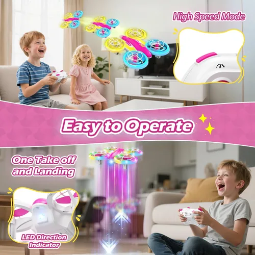 Miniatura 5 de Dron LED RC para niños de 6 años en adelante, regalo de Navidad y cumpleaños para niños y niñas con baterías remotas, voltereta de 360°, modo