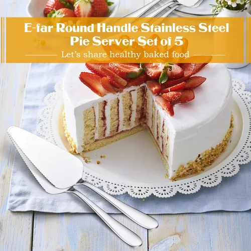 Miniatura 7 de E-far Servidor de pastel de 5 piezas, cortador de espátula de acero inoxidable para pasteles y queso pizza, borde dentado con mango ovalado, pulido