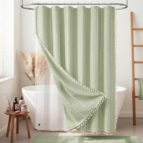 Miniatura 41 de BTTN - Cortina de ducha bohemia para cubículo de 36x72 - Juego de cortina de lino estrecha ultra gruesa con rayas y borlas, con 6 ganchos, cortinas