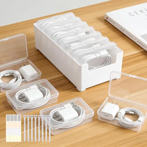7 cajas organizadoras de cables individuales con base, organizador de almacenamiento de cables con etiquetas y correas de cable para cables de