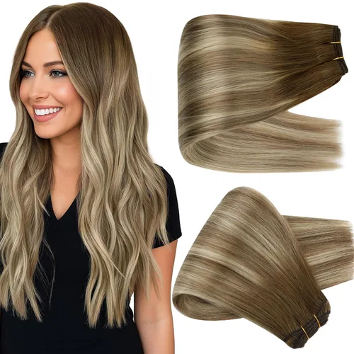 Miniatura 30 de Full Shine Extensiones de cabello humano, 18 pulgadas, mechones de trama, color #2 castaño oscuro, 3.5 onzas, cabello Remy para coser, doble trama