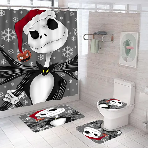 Miniatura 7 de Juego de 4 cortinas de ducha de Navidad para niños, decoración de Halloween y Navidad con 12 ganchos de cortina para baño, impermeable, 71 x 71