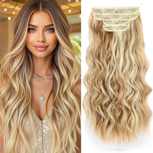 Miniatura 14 de Extensiones de cabello rubio con clip, de 22 pulgadas, extensiones de cabello largo y rizado con clip, 4 unidades, extensiones de cabello sintético