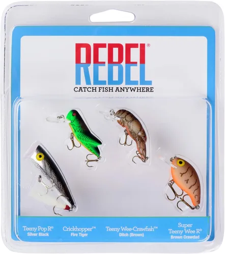 Rebel Lures Classic Critters Crankbait - Paquete de 4 señuelos de pesca, incluye 1 Teeny Pop-R, 1 Crickhopper, 1 pez cangrejo de cangrejo pequeño y