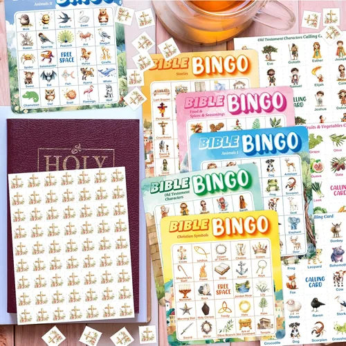 Miniatura 5 de Fancy Land Juego de bingo bíblico para vacaciones, escuela bíblica, juego de tarjetas de bingo religiosas para niños, iglesia dominical cristiana