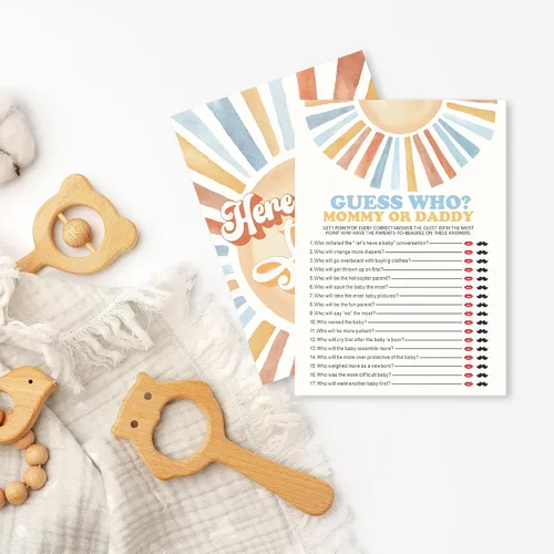 Miniatura 3 de Sunshine Fill In Baby Shower Juego de cartas – Here Comes The Son – Juego de mamá o papá para niños – Anuncio de bebé revelación de género ¿Adivina