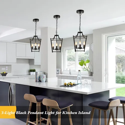 Miniatura 6 de Lámpara colgante de farol, lámparas colgantes negras, 3 luces colgantes de farol negro, 9.4 pulgadas, iluminación colgante ajustable de granja