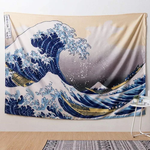 Miniatura 9 de IcosaMro Tapiz de gran ola para dormitorio, arte para colgar en la pared, decoración de pared grande con bordes dobladillos, manta de pared