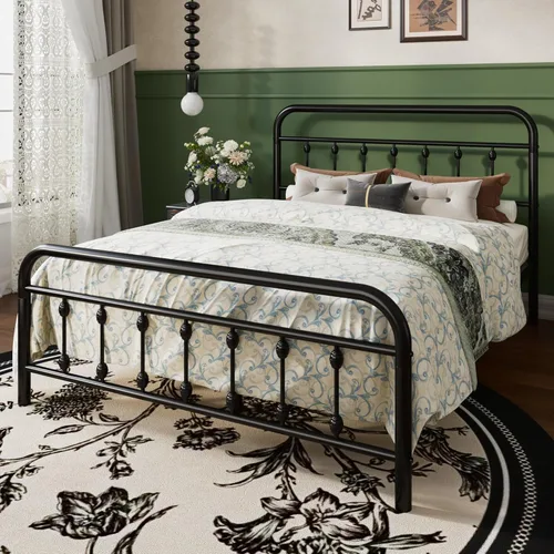 Miniatura 3 de SHA CERLIN Base de cama de plataforma de metal de tamaño matrimonial con cabecera y estribo de estilo victoriano, fácil montaje, almacenamiento Negro