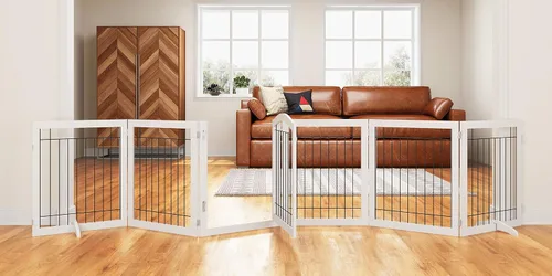 Miniatura 14 de PAWLAND Puerta extra ancha para perros para casa, puerta, escaleras, cercas para perros en interiores, puertas plegables independientes de madera
