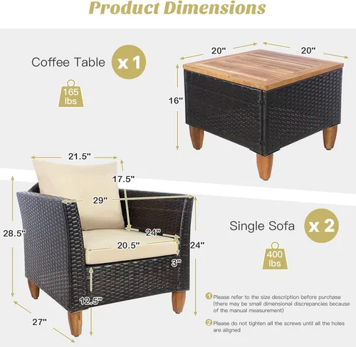 Miniatura 7 de COSTWAY Juego de muebles de ratán para patio, 3 piezas, sillas de conversación de ratán para exteriores con cojines suaves y mesa de madera de Beige