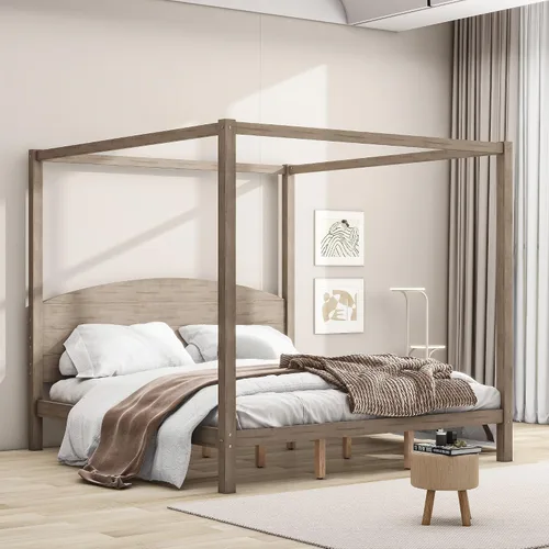 Miniatura 3 de Harper & Bright Designs Cama con dosel con cabecero, marco de madera con patas de apoyo, plataforma de tamaño King para adolescentes y adultos,