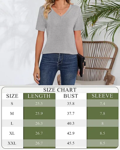 Miniatura 6 de Ficerd Paquete de 2 camisetas con cuello en V para mujer, manga corta o larga, camisetas básicas de verano casuales con dobladillo sólido