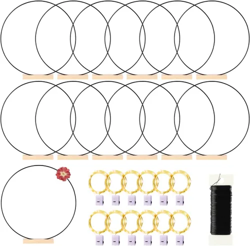 Miniatura 11 de Paquete de 12 aros florales con soporte y luces LED de hadas de 10 pulgadas, anillos de metal para centros de mesa de bricolaje, decoraciones