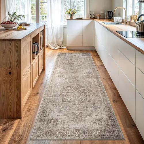 Bloom Rugs Alfombra de pasillo lavable antideslizante de 7 pies – Beige/Gris Camino tradicional para entrada, pasillo, baño y cocina – Tamaño