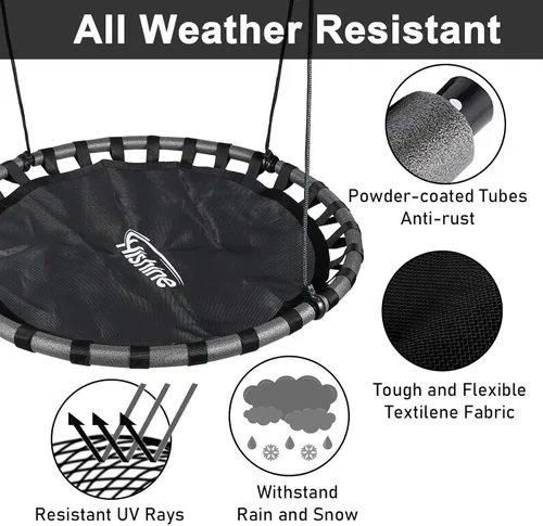 Miniatura 4 de Columpio de árbol de platillo negro de 43 pulgadas para niños, columpio redondo volador impermeable y resistente a todo tipo de clima, tapete