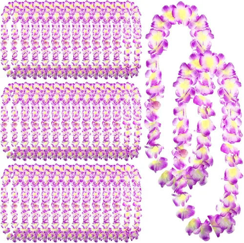 Miniatura 7 de Jexine 50 unidades de collar hawaiano Leis de flores tropicales para fiesta Luau, flores artificiales, lazo para el cuello para decoración de playa