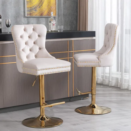 Miniatura 8 de Taburete de bar giratorio con respaldo copetudo, taburetes de bar ajustables en altura de mostrador, ribete de cabeza de clavo, silla de bar Beige +