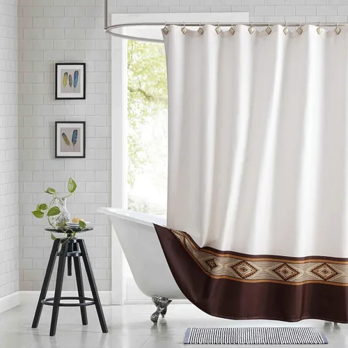 Miniatura 11 de Cortina de ducha de tela, estampado beige y tostado, cortinas de ducha con patrón de damasco bohemio de cachemira para baño, cortinas de baño Hudson