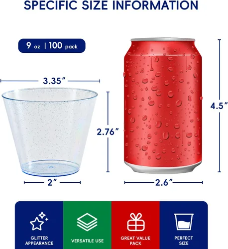 Miniatura 6 de JOLLY CHEF Paquete de 100 vasos de plástico azules de 9 onzas, vasos desechables tumblers, elegantes vasos de fiesta con purpurina azul para bodas