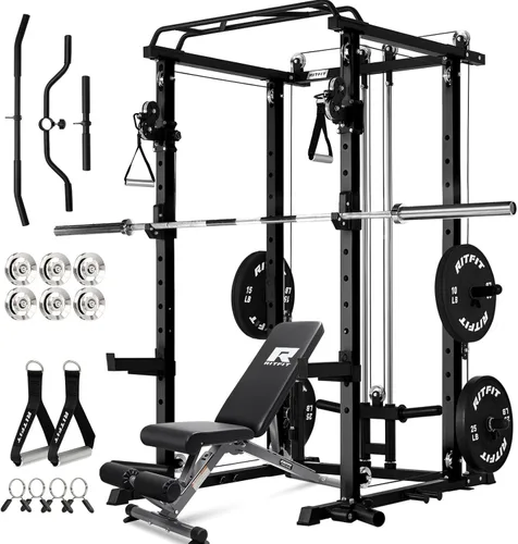 RitFit El paquete multifunción de garaje y gimnasio en casa incluye jaula de potencia de 1200 libras PPC03/P3 con sistema de cruce de cables, banco