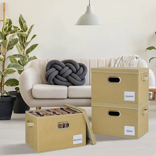 Miniatura 2 de LHZK Contenedores de almacenamiento extra grandes con tapas, cajas de almacenamiento plegables de tela de lino para organización de clósets, 15.75 x