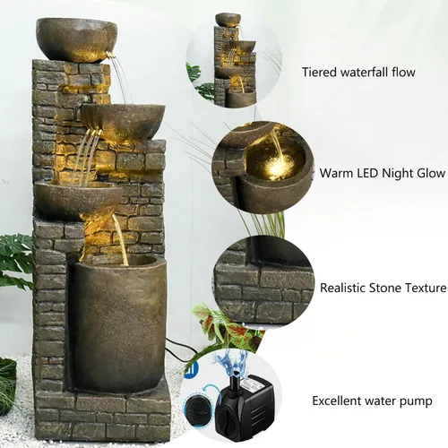Miniatura 5 de Hamiedun Fuente de agua de 38.2 pulgadas de alto para exteriores, cuencos en cascada y piedras apiladas con luces LED, fuente de cascadas