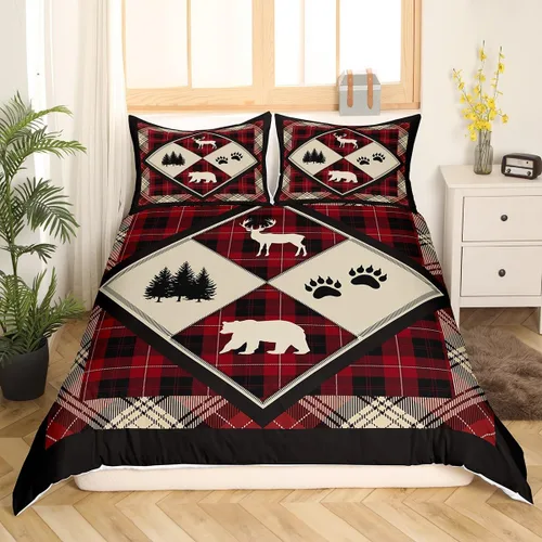 Miniatura 3 de Funda de edredón de oso y ciervo, tamaño matrimonial, estampado de patas de animales salvajes de pino abstracto, funda de edredón de 3 piezas con 2