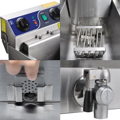 Miniatura 5 de Freidora eléctrica comercial de acero inoxidable con drenaje y cesta (10L, tanque individual plateado)
