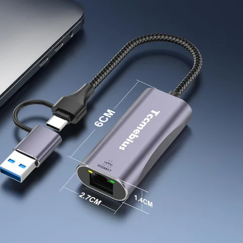 Miniatura 7 de Adaptador Ethernet USB, 2 en 1 USB C/USB 3.0 a RJ45 1000Mbps Gigabit Ethernet Adaptador de red LAN para MacBook Pro/Air, iPad Pro, iPhone15/15Pro