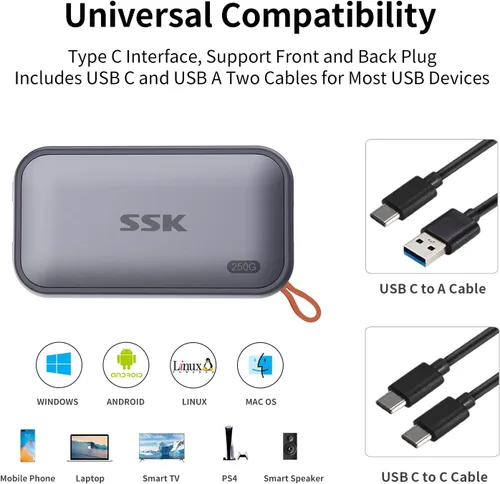 Miniatura 4 de SSK SSD externo de 250 GB, unidades de estado sólido externas SSD USB C de hasta 1050 MB/s, SSD portátil USB 3.2 Gen2 para iPhone 15/Pro, Windows