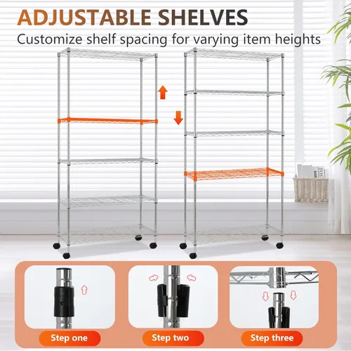 Miniatura 3 de FDW Estantes de almacenamiento de alambre de 5 niveles con ruedas, 30 x 14 x 61 pulgadas, cromados, estantes ajustables, estante de metal Cromo
