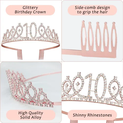 Miniatura 5 de Decoraciones de cumpleaños de 10 años para ella, 5 piezas de regalo, incluyendo corona de tiara de décimo, banda, decoración de pasteles, globos
