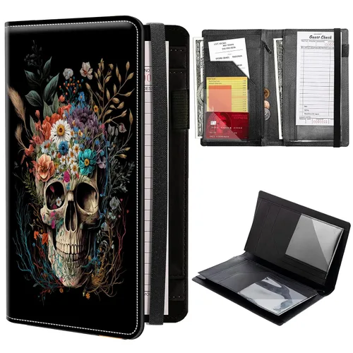 Miniatura 14 de Libros de calaveras para camarera, de piel sintética, con cierre de vendaje elástico, organizador con bolsillo con cremallera, 11 bolsillos