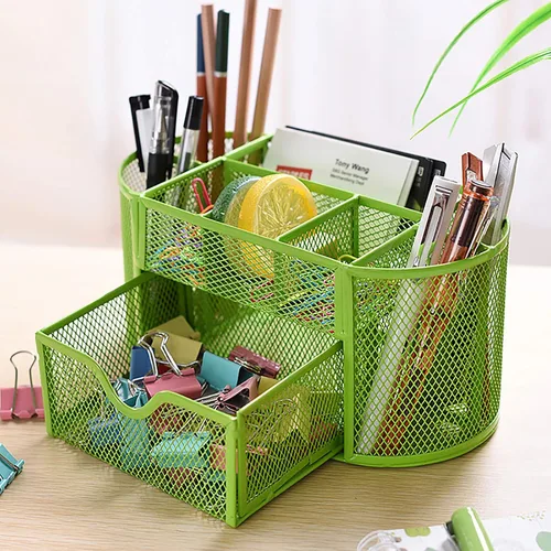 Miniatura 3 de VANRA Organizador de suministros de escritorio de malla de metal, organizador de suministros de oficina, 8 compartimentos con cajón (verde)