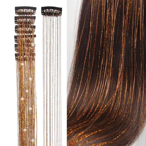 Extensiones de oropel con clip para el cabello, reflejos castaños, 20.5 pulgadas, 6 piezas por paquete, extensiones de cabello sintético multicolor