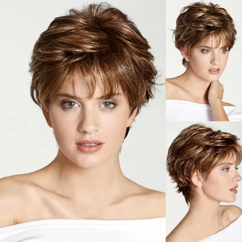 EMMOR Pelucas Cortas Marrones para Mujeres Mezcla de Cabello Humano con Fibra de Memoria Saludable Corte Pixie, Peluca de Cabello Natural de Uso
