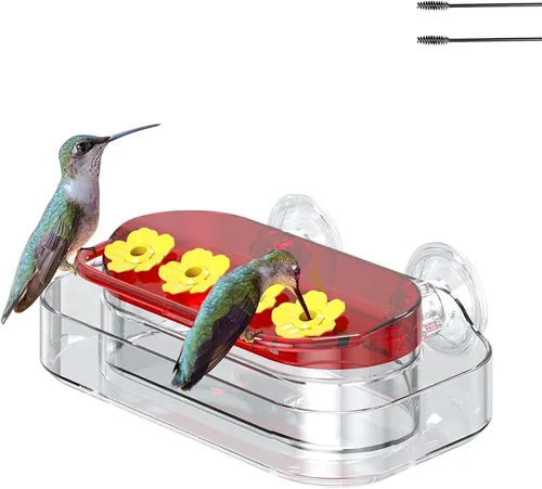 Comedero para colibríes de ventana para exteriores, 4 puertos de alimentación a prueba de abejas, depósito de néctar a prueba de fugas de 10 onzas,