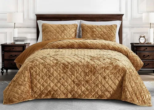 Miniatura 2 de Chezmoi Collection Lux - Juego de edredón de terciopelo dorado caramelo, tamaño King, 3 piezas, ropa de cama de terciopelo desgastado de felpa